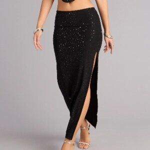 Black Rhinestone Mesh Maxi Skirt, S